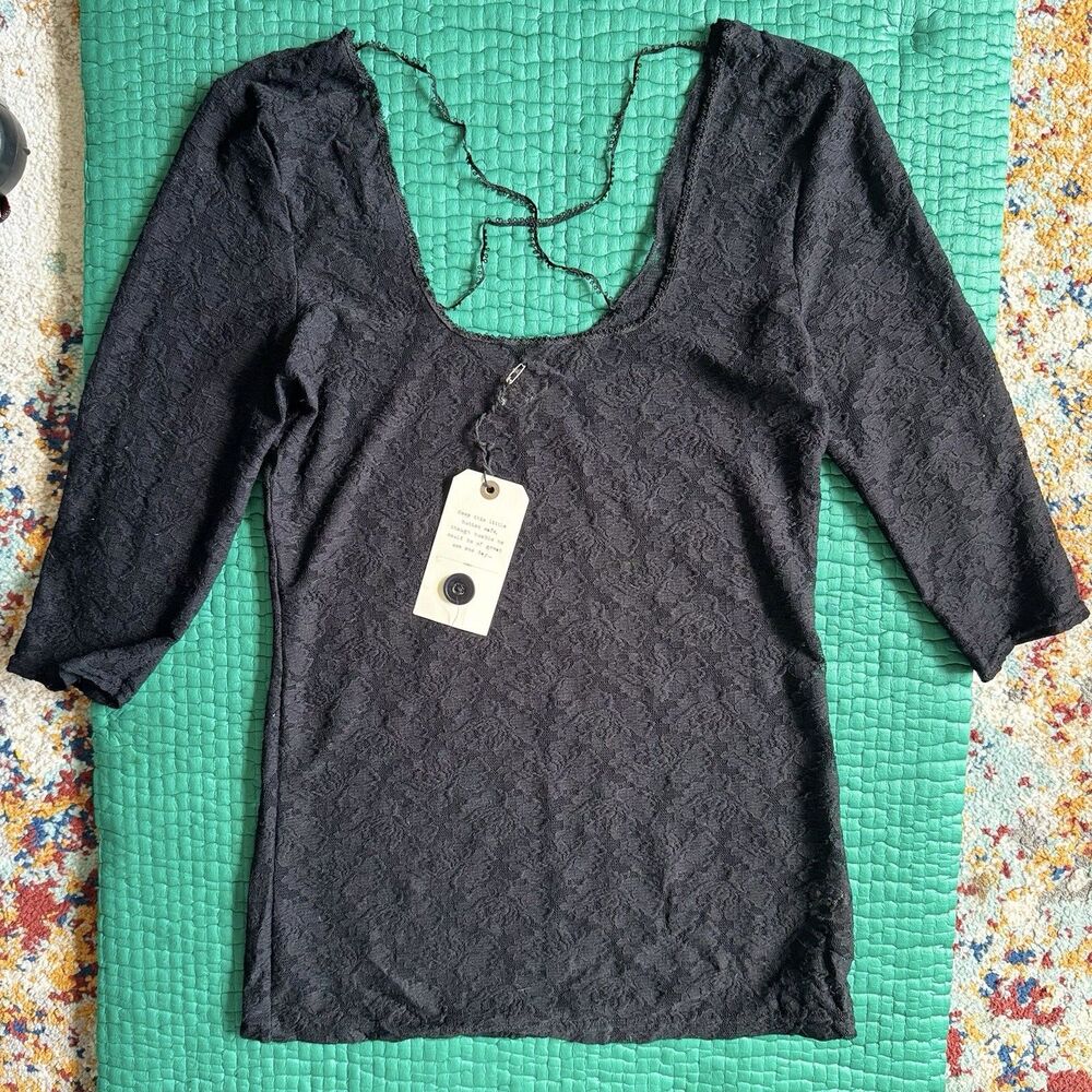 NEW VINTAGE FREE PEOPLE Intimately Black Textured Lace Semi Sheer Top Shirt Sz L